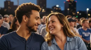 A couple enjoying a rubber ducks game in Akron.
