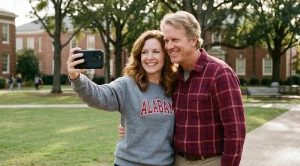 A couple taking pictures at university of alabama.