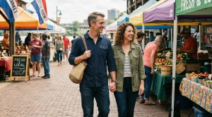 A couple hand in hand at the little rock river market.
