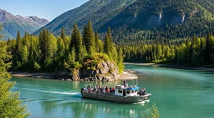 A riverboot on a lake surrounded by nature. 