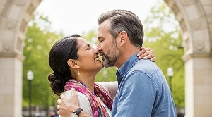 Couple kissing at Engineering Arch Kiss in North Campus. 