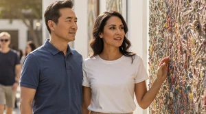 A couple is on an art walk.