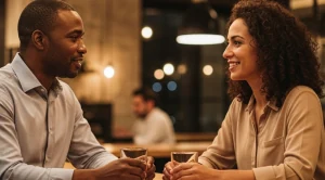 A couple chatting in a bar at the evening.