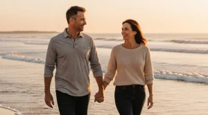 A couple walking hand in hand at the beach.