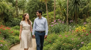 A couple strolling through a botanical garden.