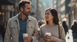 A couple walking with coffee ub their hands.
