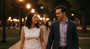 A couple walking hand in hand at the evening.