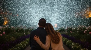 A couple is on a date exploring lit up botanical garden in denver. 