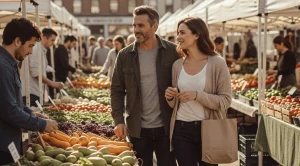 People looking at food on a farmers market.
