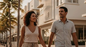 A couple hand in hand exloring art deco in south beach miami. 