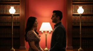 A couple looking at each other in a room with a lamps and bookshelves.