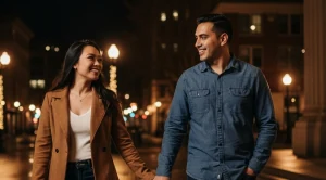 A couple walking hand in hand in the night lights of hartford.