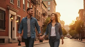 A couple walking hand in hand through streets with local brownstones houses in Jersey City. 