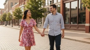 A couple strolling hand in hand through the historic downtown of joliet.