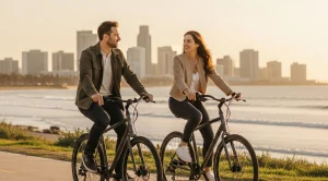 A couple riding the bike next to the river into the sunset in Long Beach.