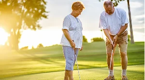 A couple playing mini golf on a date.