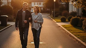 Couple walking the streets at sunset.