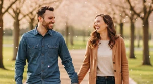 A couple walking hand in hand through the Branch Brook Park  in Newark.