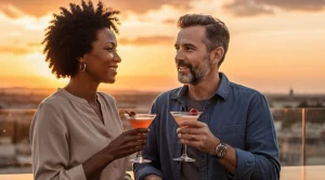 A couple looking at each other enjoying drinks at a rooftop.
