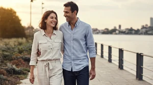 A couple walking by the water.