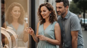 A couple is doing window shopping.