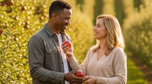 A couple picking apples on a farm. 