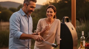 A couple enjoying the evening at a neighborhood BBQ.
