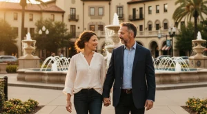 A couple strolling country club plaza in Kansas City. 