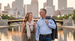 A couple walking downtown besides a canal in indianapolis.
