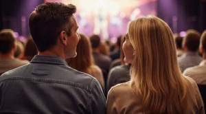 A couple enjyoing a drag show. 
