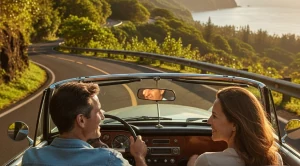A couple in the car at the coast, on their way to hana, hawaii.