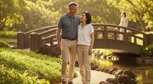 A couple side by side at liliuokalani garden.