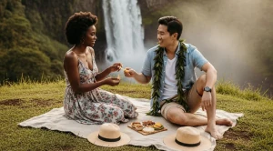 A couple enjoying a picnic at the wailu falls, hawaii.