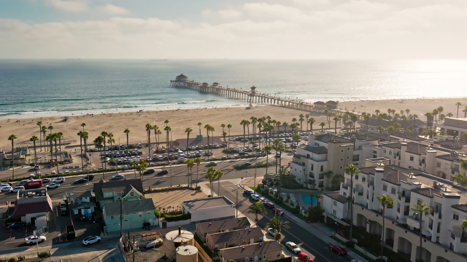 Promenade of Huntington Beach with ocean view and buildings.