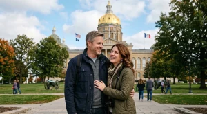 A couple in front of the state capitol building in des moines, iowa.