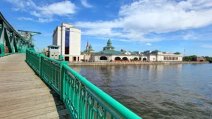 Skyline of Joliet from a bridge with river view.