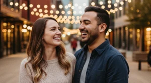A couple smiling at each other at the container park in fremont.