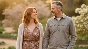 A couple strolling arboretum in lexington at sunset.