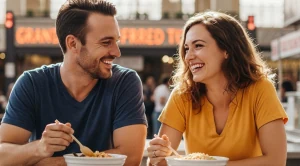 A couple sharing bites on a date at grand central market in Los Angeles.
