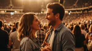 A couple on a date at hollywood bowl at night.