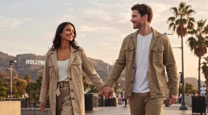 A couple strolling side by side on third street promenade in Los Angeles.