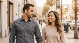 A couple strolling side by side at walk of fame in los angeles.