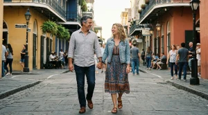 A couple strolling hand in hand through french quarter in new orleans, louisiana.