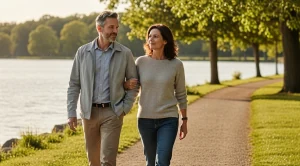 A couple strolling around lake mendota hand in hand.