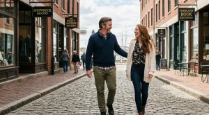 A couple walking around historic district in portland, maine.