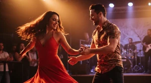A couple dacing to live latin music on a date.