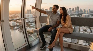 A couple taking in views from the observation wheel in miami.