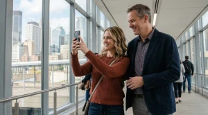 A couple taking pictures at the intricate skyway system in minneapolis.