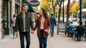 A couple strolling on grand avenue in saint paul.