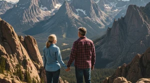 A couple enjoying the sunset view on rimrock in montana.
